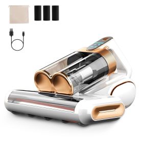 1Pc Mattress Vacuum Cleaner 16Kpa Bed Vacuum Cleaner Handheld Vacuums With Ultrasonic And UVC Light 18000 RPM Brushroll Rotation Dual Dust Bins W (Color: Beige)